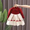 Little Girls Knit Sweater Dress Bowknot Print Winter Sweater Dress Long Sleeve Crew Neck (Red, 3-4 Years) view 2