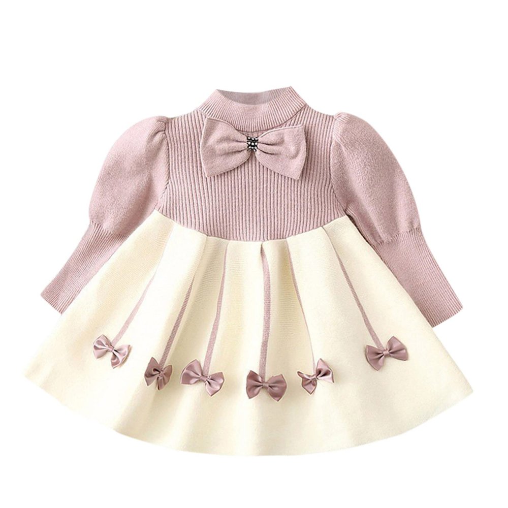 Little Girls Knit Sweater Dress Bowknot Print Winter Sweater Dress Long Sleeve Crew Neck Princess (B, 3-4 Years)