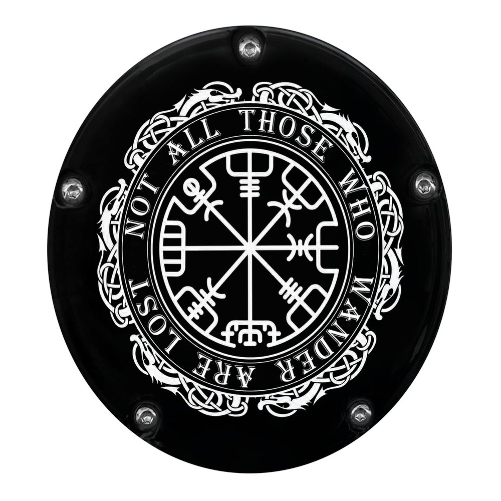 AMERICAN FREEDOM Custom Aluminum 5 Hole Twin Cam Derby Clutch Cover for Harley Davidson - Vegvisir All Who Wander (Glossy Finish, 1999-2018 Softail Models)