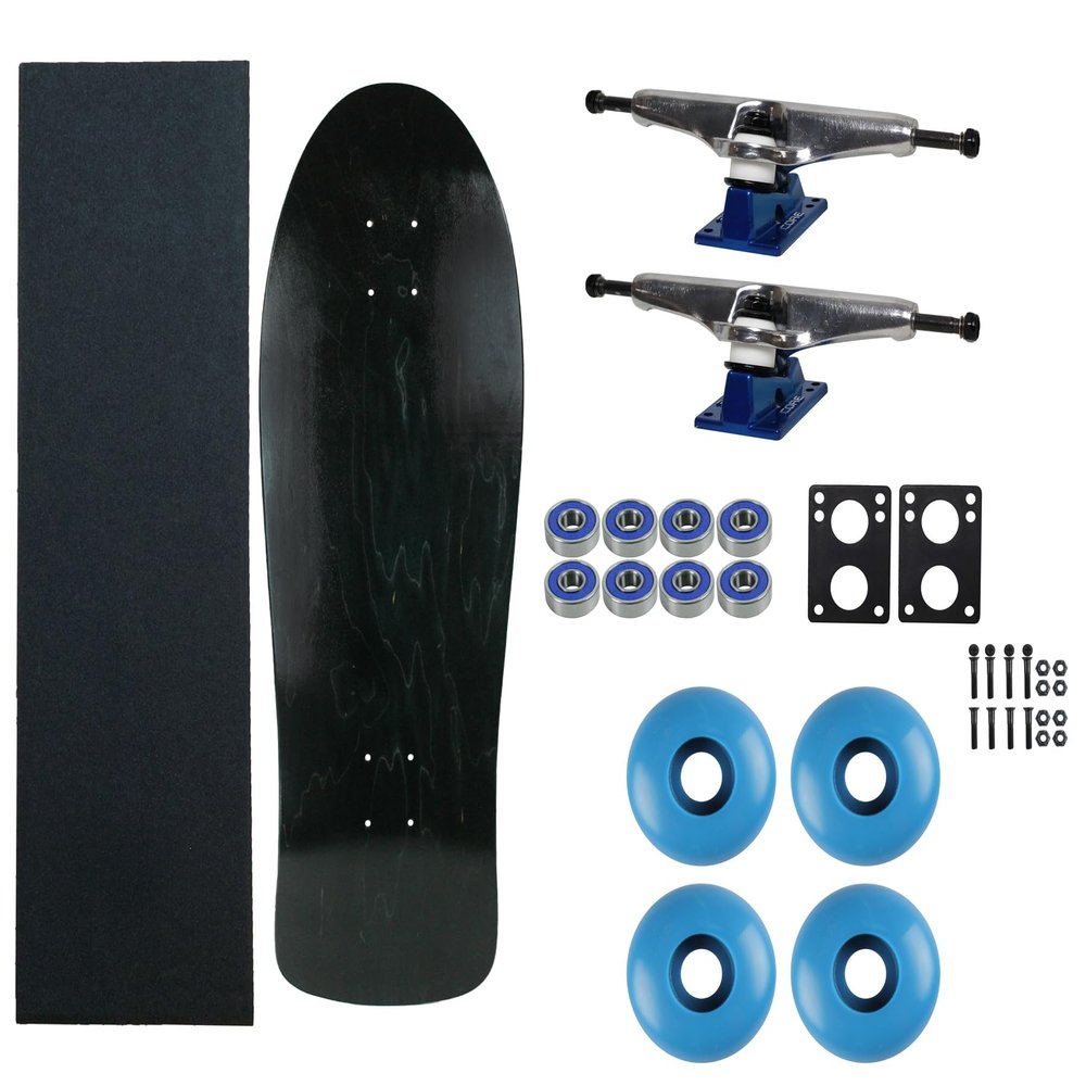 Moose Old School 80's Skateboard Complete 30" Black with Hollow 7.0 Silver/Blue Trucks, 58mm Blue Wheels