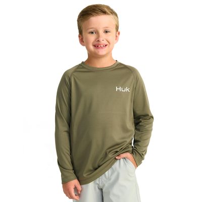 Huk Kid's Pursuit Long Sleeve Shirt, Fishing Shirt for Kids, KC Neon Bass - Moss, X-Small