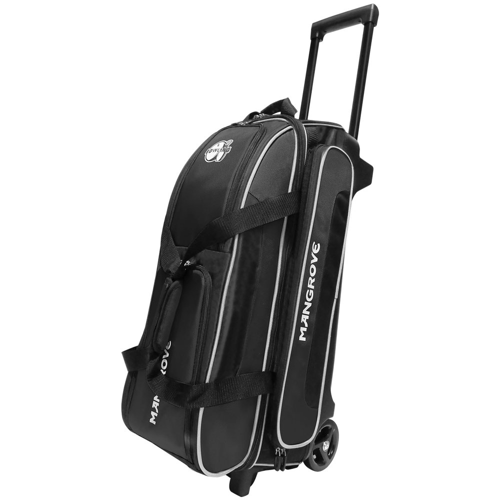 Mangrove Bowling Ball Bag 3 Ball Roller with Separate Shoe Compartment, Deluxe 3 Ball Bowling Bag with Wheels, Rolling Triple-Ball Bag w/Accessory Pocket & Retractable Handle Extends to 40