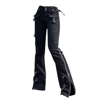 Side Slit Jeans for Women Casual Comfy Cotton Straight Leg Cargo Pants Y2K Trendy Zipper Streetwear Denim Pants Black