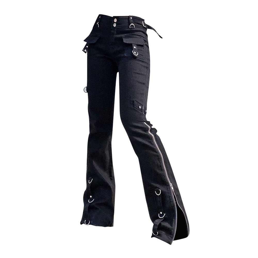 Side Slit Jeans for Women Casual Comfy Cotton Straight Leg Cargo Pants Y2K Trendy Zipper Streetwear Denim Pants Black