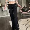 Side Slit Jeans for Women Casual Comfy Cotton Straight Leg Cargo Pants Y2K Trendy Zipper Streetwear Denim Pants Black view 4