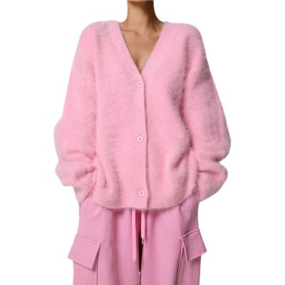 Akklian Fuzzy Knit Cardigan Sweaters for Women Button Down V Neck Oversized Slouchy Furry Sweater Outwear Teen Girl Clothes Pink