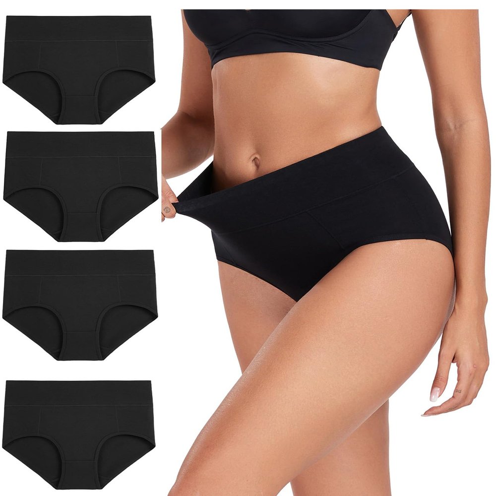 wirarpa Women's Cotton Underwear High Waist Breathable Briefs Soft Underpants Ladies Stretch Panties 4 Pack Dark Black X-Large