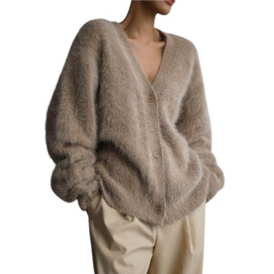 Akklian Fuzzy Knit Cardigan Sweaters for Women Button Down V Neck Oversized Slouchy Furry Sweater Outwear Teen Girl Clothes Khaki