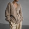Akklian Fuzzy Knit Cardigan Sweaters for Women Button Down V Neck Oversized Slouchy Furry Sweater Outwear Teen Girl Clothes Khaki view 2