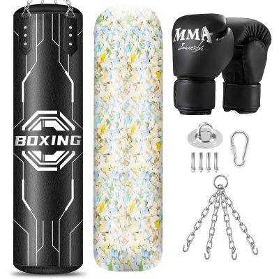 Filled Punching Bag for Adults, 4FT PU Leather Hanging Boxing Bag with11lb Sponge Filler, 12OZ Boxing Gloves, Chains, Heavy Boxing Bags Training Equipment for MMA, Kickboxing & Muay Thai Training