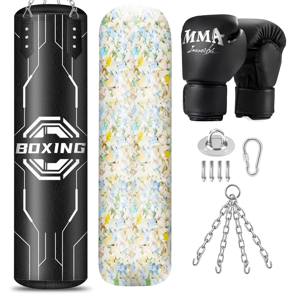 Filled Punching Bag for Adults, 4FT PU Leather Hanging Boxing Bag with11lb Sponge Filler, 12OZ Boxing Gloves, Chains, Heavy Boxing Bags Training Equipment for MMA, Kickboxing & Muay Thai Training