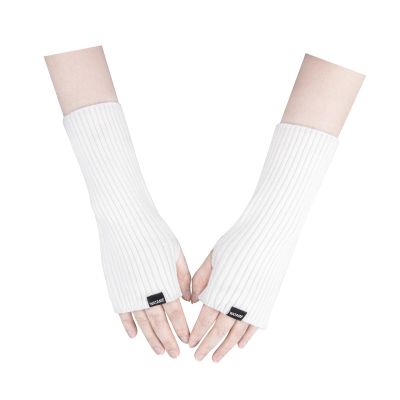 WATAME Arm Warmers Women Winter Long Fingerless Gloves Knitted Wrist Warmers with Thumb Hole Arm Sleeve Pack (White, 22cm)