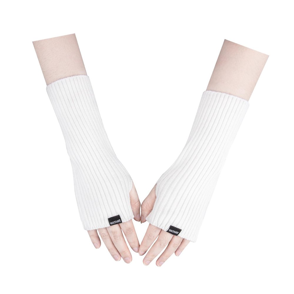 WATAME Arm Warmers Women Winter Long Fingerless Gloves Knitted Wrist Warmers with Thumb Hole Arm Sleeve Pack (White, 22cm)