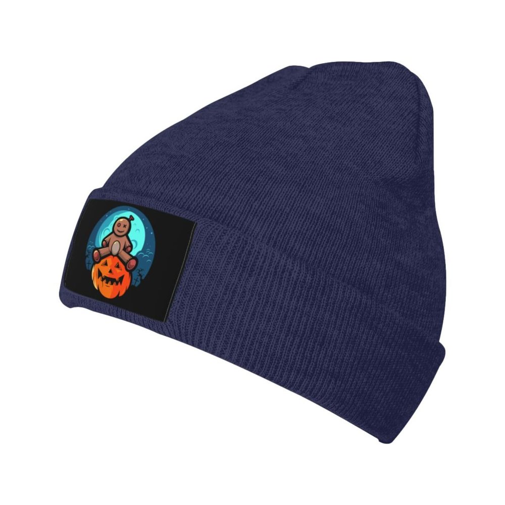 A Cute Halloween Voodoo Doll Sitting On A Pumpkin Beanie Hat for Men Women Winter Warm Knit Hats Ski Hat Skull Cap Navy Blue