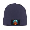 A Cute Halloween Voodoo Doll Sitting On A Pumpkin Beanie Hat for Men Women Winter Warm Knit Hats Ski Hat Skull Cap Navy Blue view 2