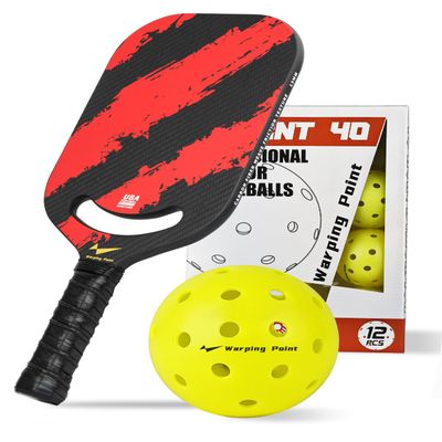 Warping Point Carbon Fiber Pickleball Paddle & 12 Pack Outdoor Practice Pickleball Balls | Aero Throat & Thermoformed Polypropylene Honeycomb Core | Textured Carbon Grit Surface | Power