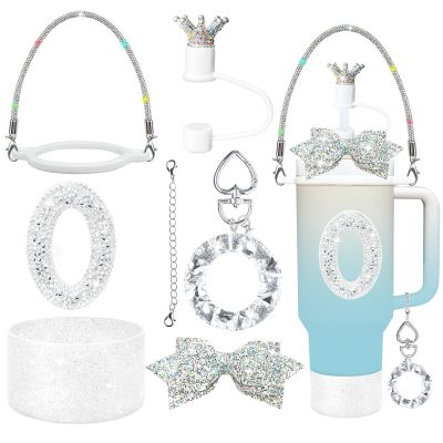 8Pcs Silvery Stanley Cup Accessories Set for Stanley Cup 30&40 Oz Tumbler - Silicone Straw Cover Cap and Boot, Handle Letter Charm, Bow Decoration Initial Sticker, Diamond Water Bottle Handle Strap(O)