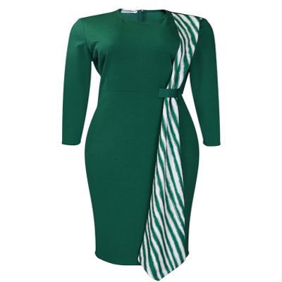 YONGHS Striped Bodycon Midi Dress for Women Long Sleeve Split Hem Pencil Dress Wear to Work Dresses Green X-Large