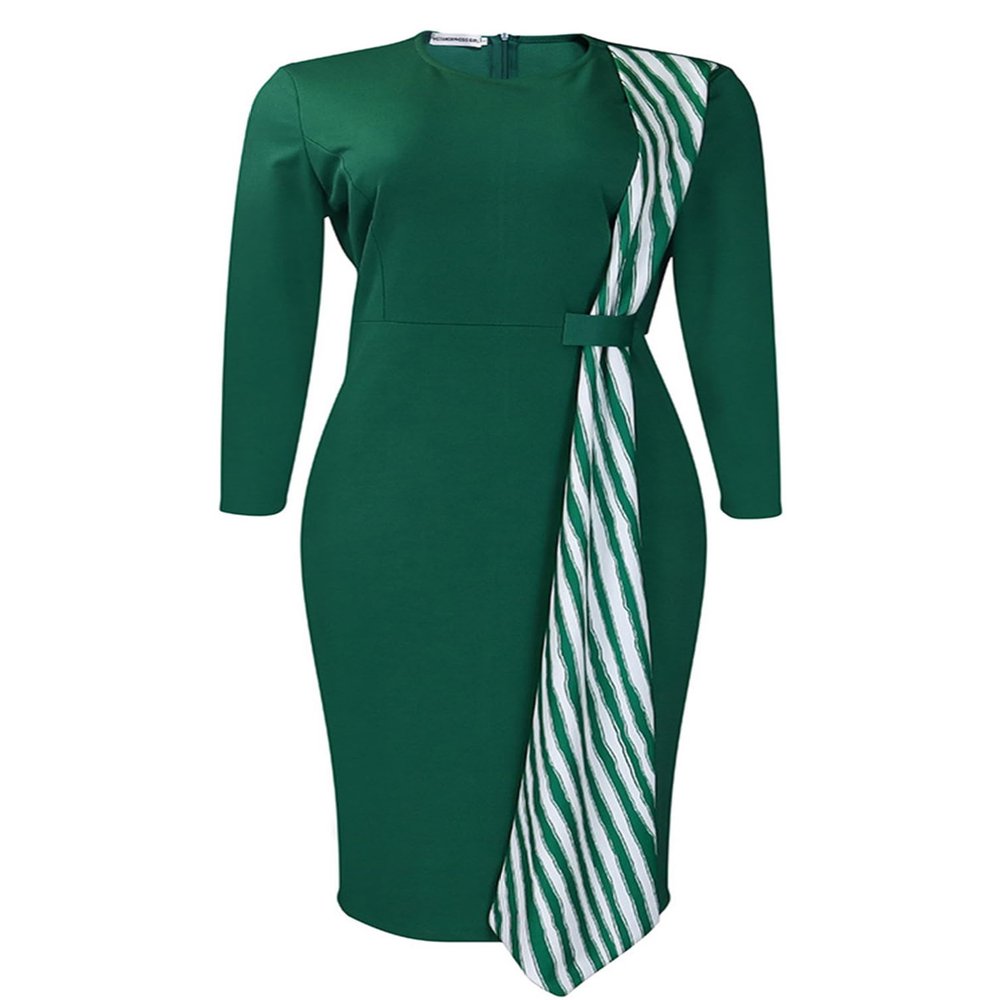 YONGHS Striped Bodycon Midi Dress for Women Long Sleeve Split Hem Pencil Dress Wear to Work Dresses Green X-Large