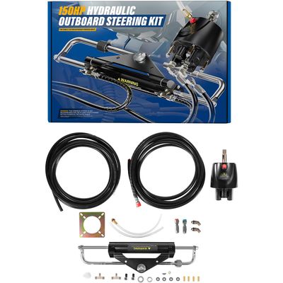 Bonbo Hydraulic Outboard Steering Kit Boat Marine System for Single Station, Single-Engine use Built-in Two-Way Lock Cylinder, 150HP Pump and High-Strength Nylon Hose