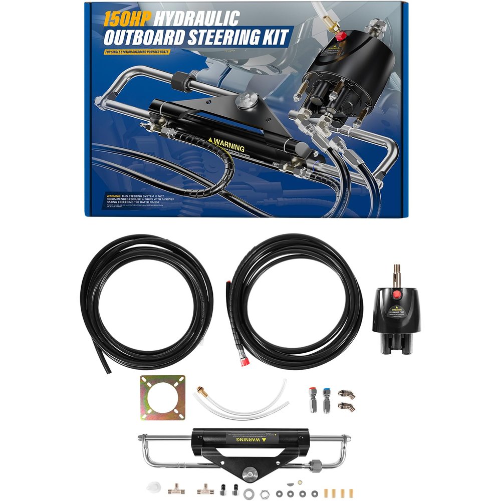 Bonbo Hydraulic Outboard Steering Kit Boat Marine System for Single Station, Single-Engine use Built-in Two-Way Lock Cylinder, 150HP Pump and High-Strength Nylon Hose
