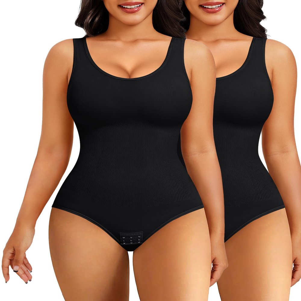 Nebility 2 Piece Shapewear Bodysuit for Women Tummy Control Slim Fit Sleeveless Round Neck Body Suit (Black 2pk, 3X-Large-4X-Large)