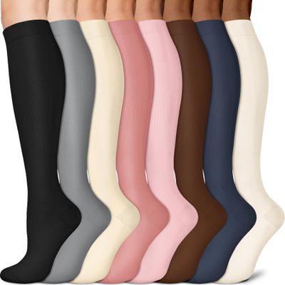 Sooverki Compression Socks for Men & Women Circulation 8 Pack 15-20mmHg - Knee High Stockings Best Support for Wide Calf Bulk Gifts Running Black White Pink Navy Brown Nude Colorful