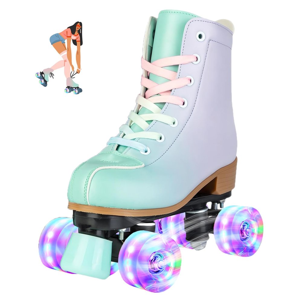 jessie Roller Skates Women, PU Leather Flash Women Roller Skates, Fantasy Adjustable Purple Green Four-Wheel Beginner Adult Roller Skates Girl Skates Indoor Outdoor (Women's 7 / Youth 6)