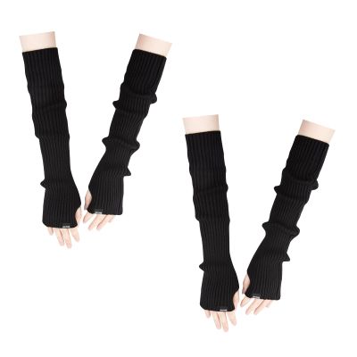 WATAME Arm Warmers Women Winter Long Fingerless Gloves Knitted Wrist Warmers with Thumb Hole Arm Sleeve Pack (Black+Black, 44cm)