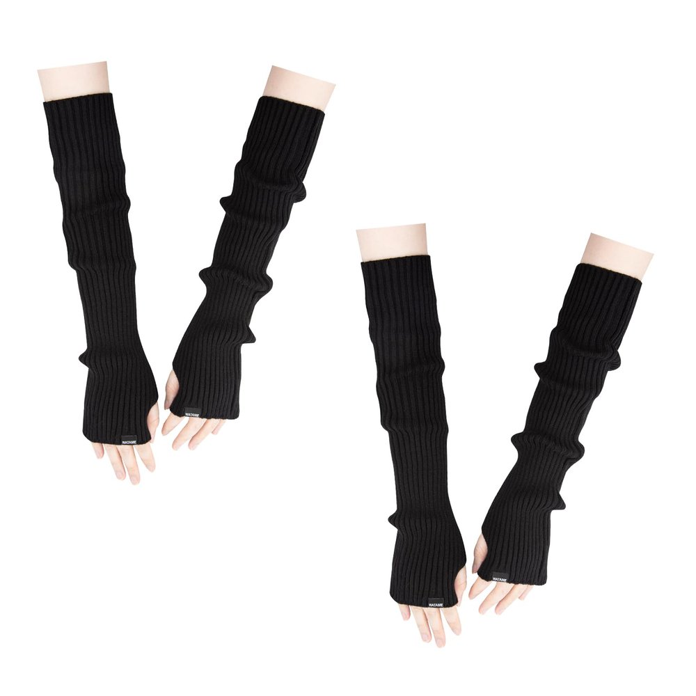 WATAME Arm Warmers Women Winter Long Fingerless Gloves Knitted Wrist Warmers with Thumb Hole Arm Sleeve Pack (Black+Black, 44cm)