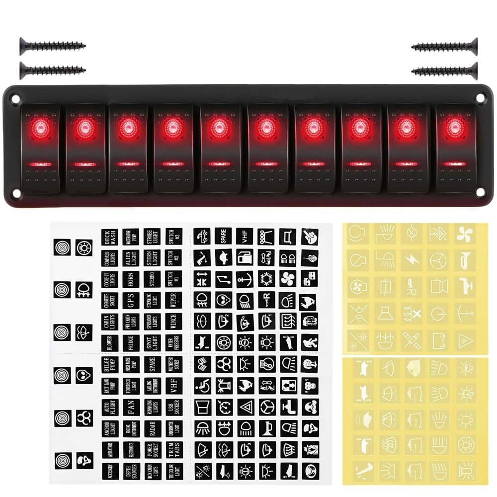 10 Gang Marine Rocker Switch Aluminum Panel Waterproof 12V-24V 5Pin SPST ON Off LED Toggle Switch Dashboard, Boat Light Switch Panel for Race Car RV ATV UTV Truck Van (Red)