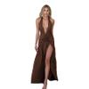 ANKOMINA Women's Sexy V Neck Halter Backless Maxi Dress Ruched High Split Long Bodycon Dresses for Party Cocktail Evening view 1