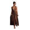 ANKOMINA Women's Sexy V Neck Halter Backless Maxi Dress Ruched High Split Long Bodycon Dresses for Party Cocktail Evening view 2