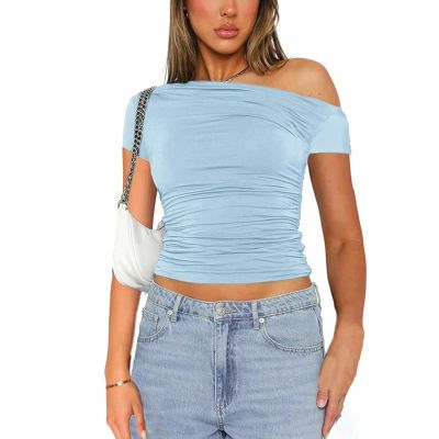 High Elasticity T-Shirt Solid Color Slash Shoulder Short Sleeve Shrinkage Pleated Navel Reveal Top Ladies Casual Tops,Blue,S