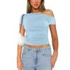 High Elasticity T-Shirt Solid Color Slash Shoulder Short Sleeve Shrinkage Pleated Navel Reveal Top Ladies Casual Tops,Blue,S view 1