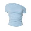High Elasticity T-Shirt Solid Color Slash Shoulder Short Sleeve Shrinkage Pleated Navel Reveal Top Ladies Casual Tops,Blue,S view 2
