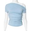 High Elasticity T-Shirt Solid Color Slash Shoulder Short Sleeve Shrinkage Pleated Navel Reveal Top Ladies Casual Tops,Blue,S view 3