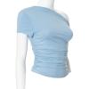 High Elasticity T-Shirt Solid Color Slash Shoulder Short Sleeve Shrinkage Pleated Navel Reveal Top Ladies Casual Tops,Blue,S view 4