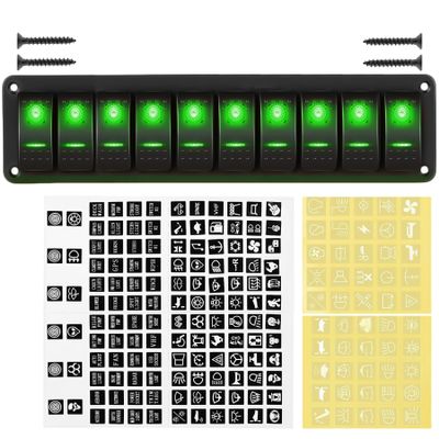 10 Gang 12V Marine LED Rocker Switch Panel Waterproof 24V 5 Pin SPST ON Off Toggle Switch Boat Navigation Light Switch Panel for Automotive Race Car RV ATV UTV Truck Jeep (Green)