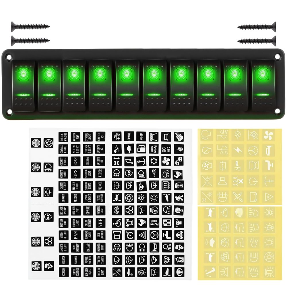 10 Gang 12V Marine LED Rocker Switch Panel Waterproof 24V 5 Pin SPST ON Off Toggle Switch Boat Navigation Light Switch Panel for Automotive Race Car RV ATV UTV Truck Jeep (Green)