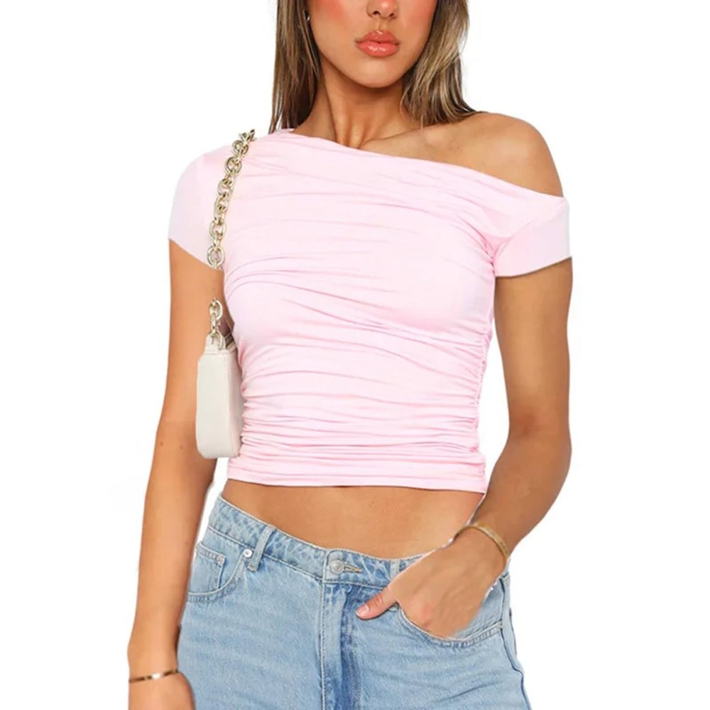 High Elasticity T-Shirt Solid Color Slash Shoulder Short Sleeve Shrinkage Pleated Navel Reveal Top Ladies Casual Tops,Pink,S