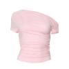 High Elasticity T-Shirt Solid Color Slash Shoulder Short Sleeve Shrinkage Pleated Navel Reveal Top Ladies Casual Tops,Pink,S view 2