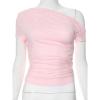 High Elasticity T-Shirt Solid Color Slash Shoulder Short Sleeve Shrinkage Pleated Navel Reveal Top Ladies Casual Tops,Pink,S view 3