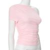 High Elasticity T-Shirt Solid Color Slash Shoulder Short Sleeve Shrinkage Pleated Navel Reveal Top Ladies Casual Tops,Pink,S view 4