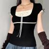 Y2k Lace Trim Crop Top Bow Tee Short Sleeve Harajuku Casual T Shirt Women Retro Top Summer,Black,M view 2