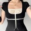 Y2k Lace Trim Crop Top Bow Tee Short Sleeve Harajuku Casual T Shirt Women Retro Top Summer,Black,M view 3