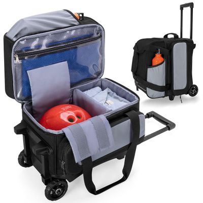 GOBUROS Single Ball Roller Bowling Bag with Wheels and Retractable Handle Extends to 35.4 Inches, Single Bowling Ball Bag with Shoe Compartment and Multiple Accessory Pockets, Black and Gray