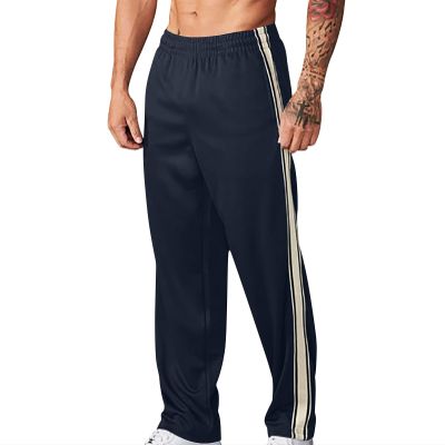 Finelylove Men's Athletic Pants Open Bottom Loose Fit Straight Twill Sweatpants Striped Track Pants Joggers with Pocket Pants for Men Fashion Navy M