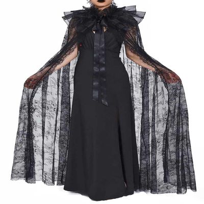 Aukmla Black Lace Cloak Long Sheer Collar Cape Halloween Costume Cosplay Robe for Women