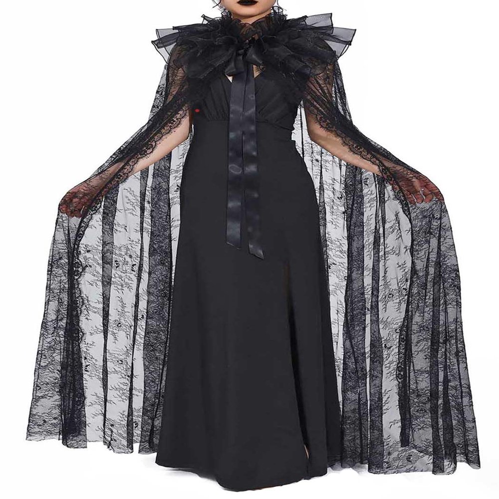 Aukmla Black Lace Cloak Long Sheer Collar Cape Halloween Costume Cosplay Robe for Women